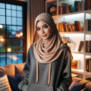 Malay Woman in Traditional Hijab and Hoodie in Cozy Study Room