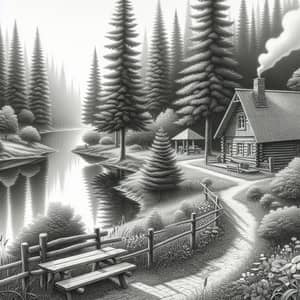 Tranquil Pencil Sketch of Evergreen Trees by Lake