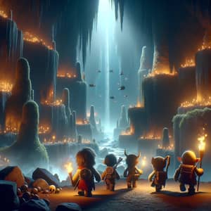 Deep Rock Galactic Game Background with Dwarfs in Deep Dark Fantasy Style