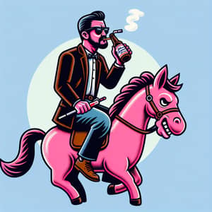 Man Perched on Pink Horse Enjoying Root Beer and Smoking Cigarette