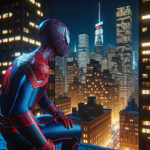 Superhero overlooking city skyline in red and blue costume