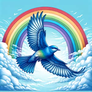 Graceful Blue Bird Soaring Above Vibrant Rainbow