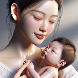 Photorealistic Asian Mother Lifting Infant Baby
