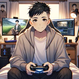 Young Man Gamer with Black Buzzcut Hair in Anime Style