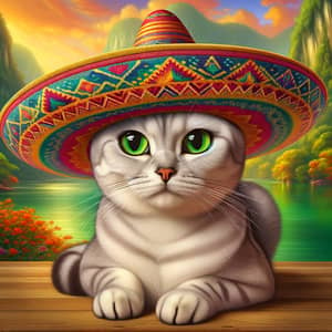 Playful Cat Wearing Mexican Hat - Vibrant and Adorable Scene