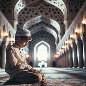Young Middle-Eastern Boy in Traditional Hat Contemplating in Mosque