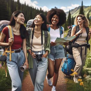 Diverse Women's Group Journeying in Mountain Landscape