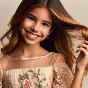 Charming Hispanic Girl Smiling and Playing with Golden Hair