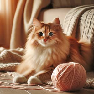 Cozy Cat in Warm Room with Yarn Ball