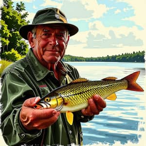 Photorealistic Picture of Proud Old Fisherman Holding Fish