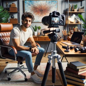 YouTube Vlog Setup: Sophisticated Camera, Microphone, and Stylish Décor