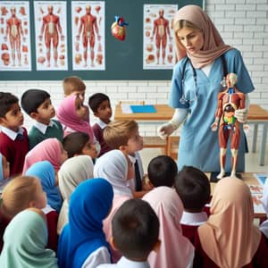 Middle-Eastern Female Surgery Professor Educating Diverse Primary School Children