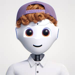 Friendly Male AI Robot with Curly Hair and Purple Snapback Hat
