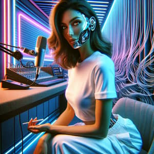 Modern Middle-Eastern Woman with Semi-Cybernetic Face and Podcasting Setup