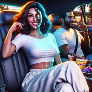 Futuristic 24-Year-Old Middle Eastern Woman with Robot Features in Car Scene