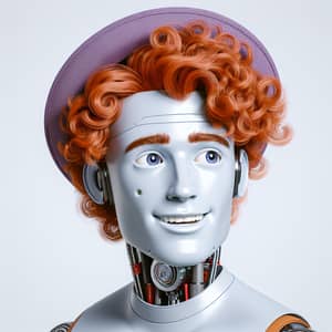 Friendly and Fun Male Robot with Ginger Curly Hair in Purple Hat