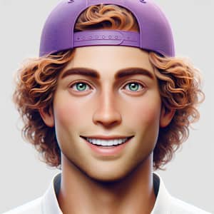 Friendly AI Male Face with Distinct Features | Curly Ginger Hair & Purple Snapback