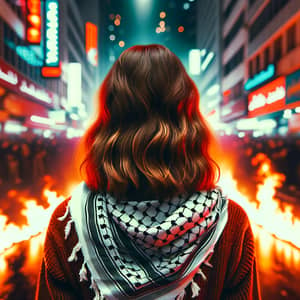 Resilient Woman Stands Amidst City Protest | Fiery Scene