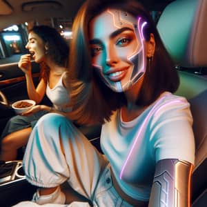 Futuristic Middle Eastern Woman Embracing Happiness in Car Scene