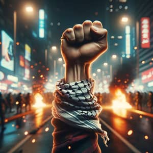 Powerful Leader Fist at Street Protest - Cyberpunk Resilience