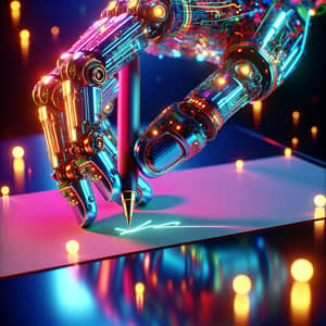 Futuristic Human Robotic Hand Writing Scene with Neon Colors