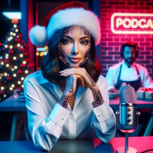 Futuristic Middle Eastern Woman in Santa Claus Hat Recording Podcast