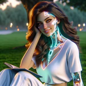 Futuristic Middle-Eastern Woman with Robotic Features Reading in Park