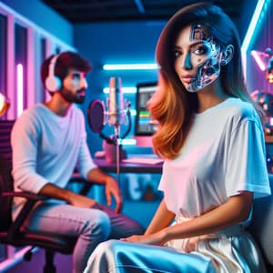 Futuristic Middle-Eastern Woman in Robotic Interface Podcast Scene