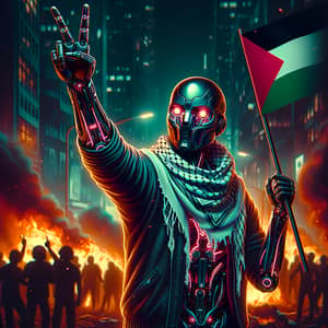 Palestinian Peace Ambassador in Futuristic Protest Scene