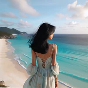 Tranquil Vietnamese Beach Sunset View | Ocean, Sky, Woman in Dress