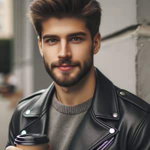 Stylish Young Man in Black Leather Jacket with Coffee