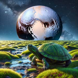 Green Turtle on Ground with Grass & Mud, Pluto in Sky