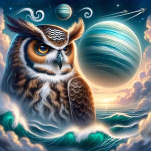 Majestic Owl with Aquarius Symbol and Uranus Planet
