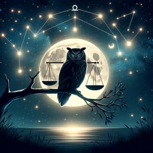 Serene Night Scene with Owl and Libra Constellation