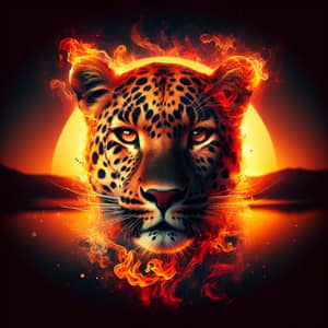 Intense Leopard Portrait Surrounded by Flames and Sunset