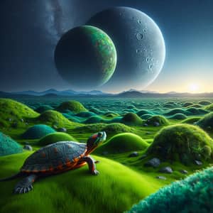 Vividly Colored Turtle on Lush Green Grass with Mercury in Background
