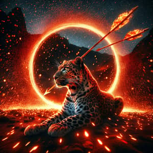 Vivid Scene: Leopard Amid Ring of Fire and Distant Arrow