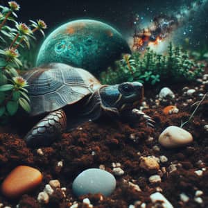 Surreal Turtle Portrait with Earthy Texture and Cosmic Backdrop