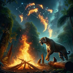 Muscular Jaguar Prowling Through Jungle Amid Fiery Flames and Sagittarius Constellation