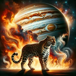 Leopard in Flames with Jupiter: Intense Scene of Power and Majesty