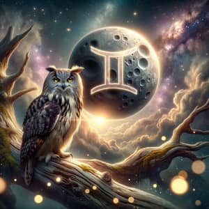 Majestic Owl in Gemini Night Sky | Cosmic Wildlife Scene