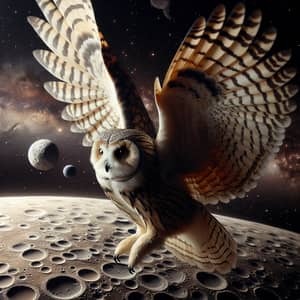 Graceful Owl Soaring Through Space with Mercury in Background