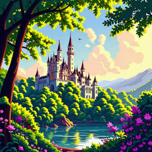 Serene Anime-Inspired Castle in Lush Greenery