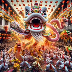 Vibrant Tet Celebration with Dragon Dancers and Traditional Decorations