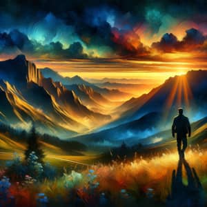 Silhouette Man Walking Towards Majestic Mountain Range | Nature-Inspired Artwork
