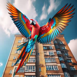 Vibrant Parrot Flying Over Urban Building | Wildlife Scene