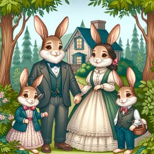Multicultural Family of Rabbits in Cozy House | Forest Illustration