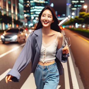 Stylish Korean Woman Enjoying City Lights After Social Gathering
