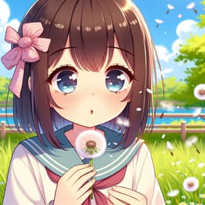 Anime-style Girl Blowing Dandelion | Lush Green Park Scene