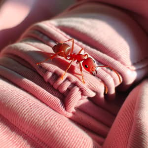 Vivid Red Ant Crawling on Soft Pink Pants